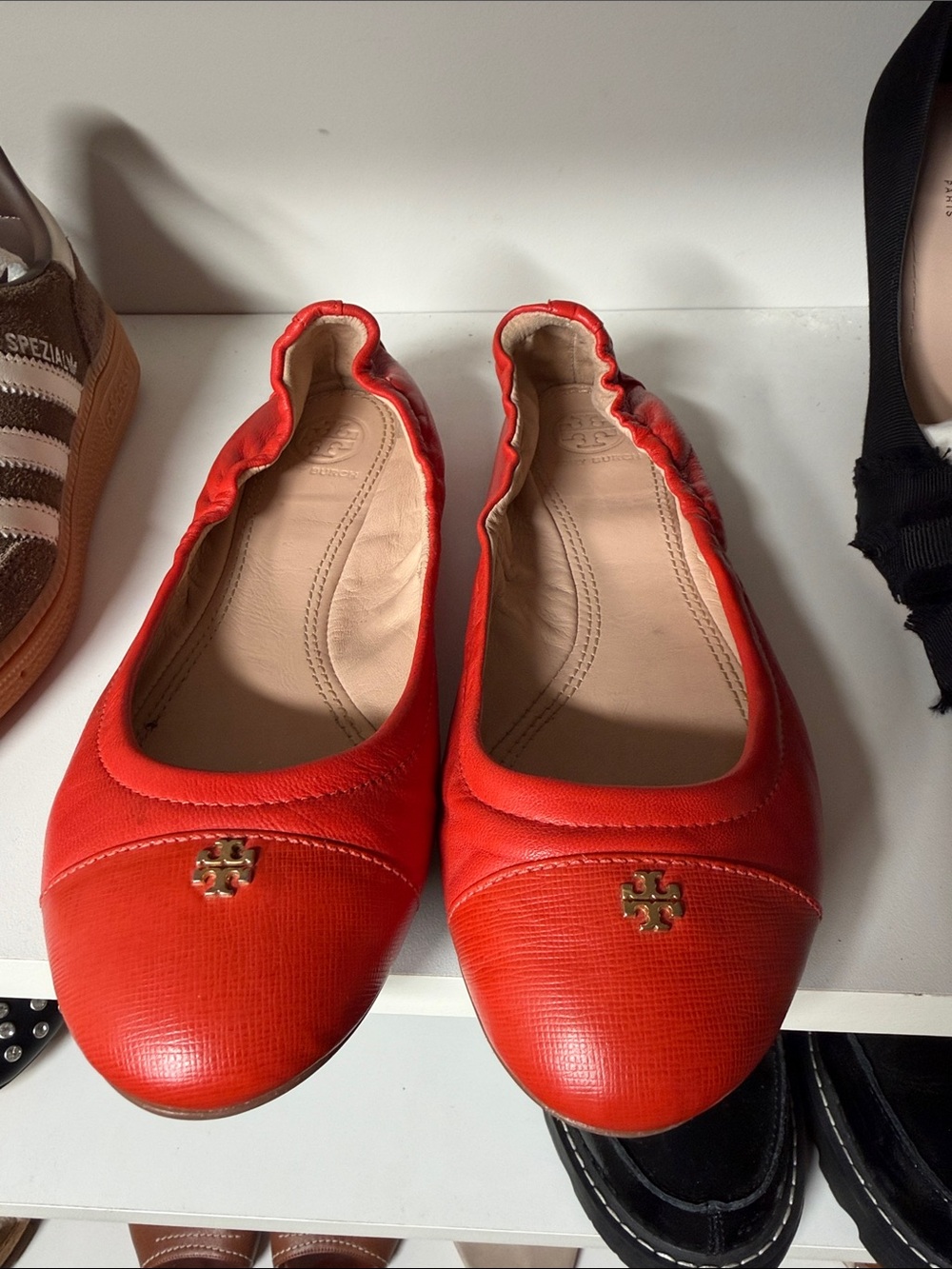 Tory Burch Red Leather Elastic-Back Ballet Flats with Gold Logo
